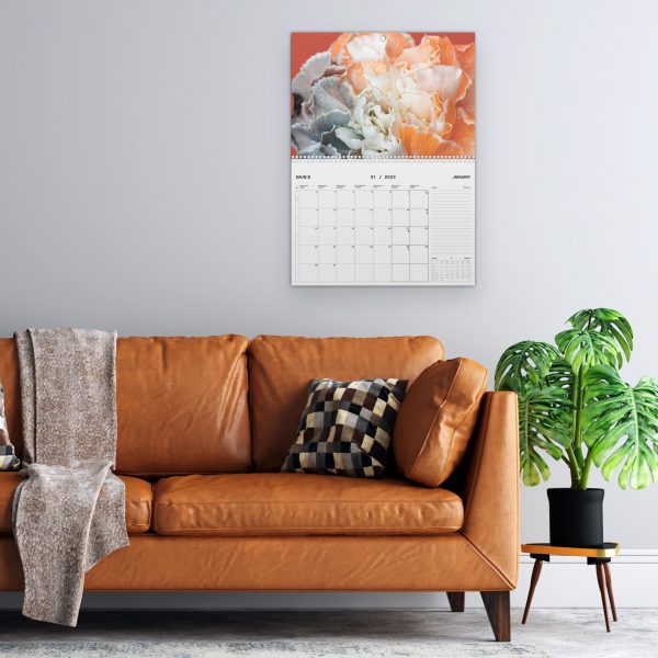 Sieninis kalendorius ant sienos, šalia sofa, ant jos pagalvė ir pledas. Šalia sofos gėlė.