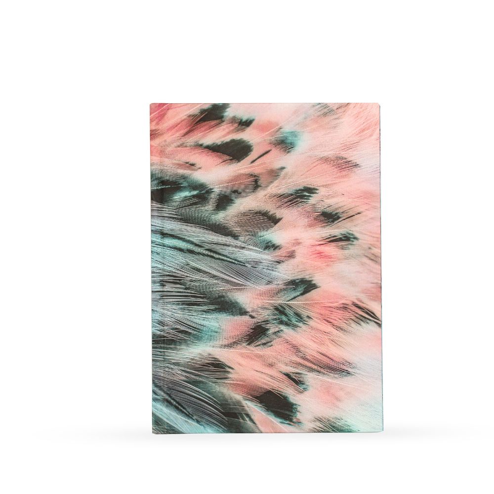 Užrašinė puošta žalsvai rožinių plunksnų printu