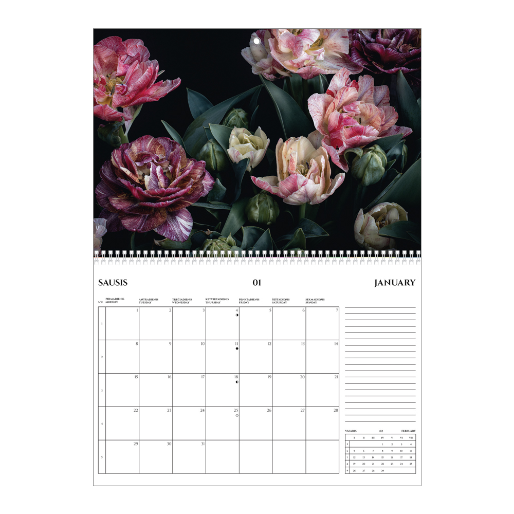 2024 metų kalendorius su gėlių nuotrauka