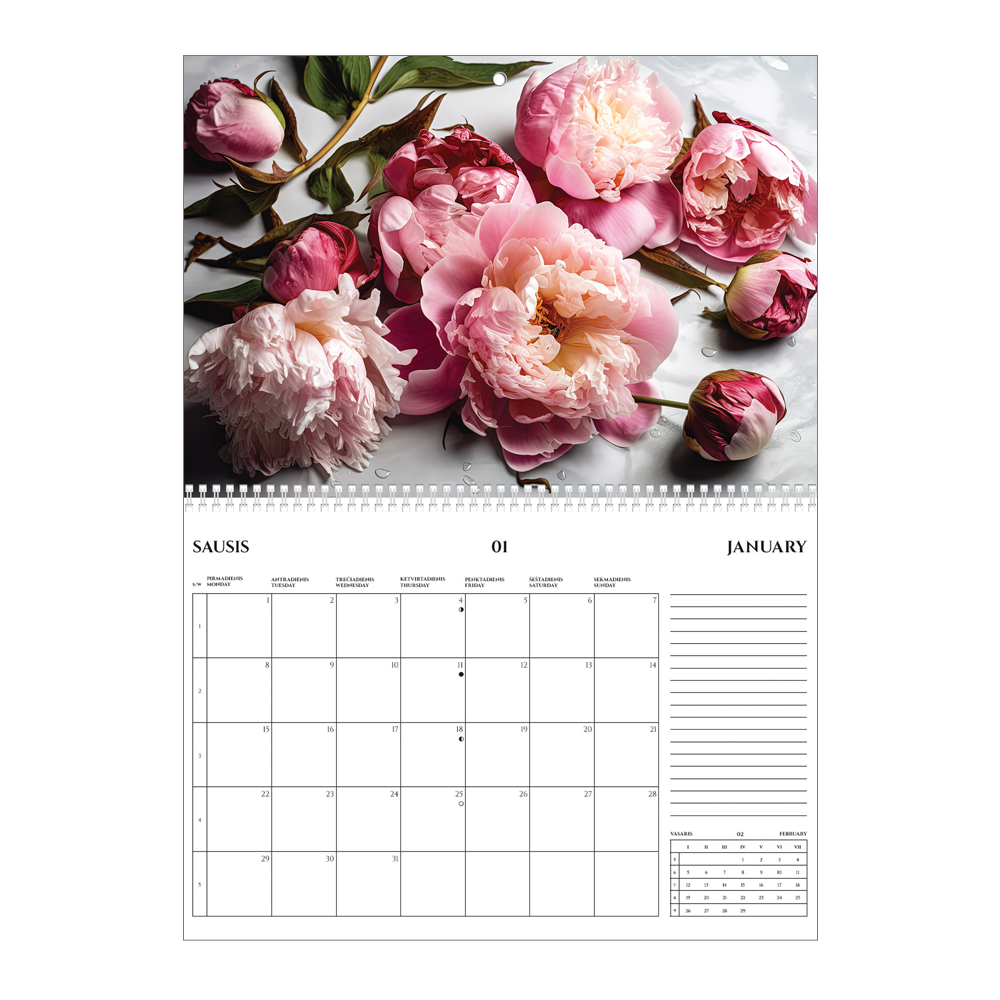 2024 metų kalendorius su gėlėmis